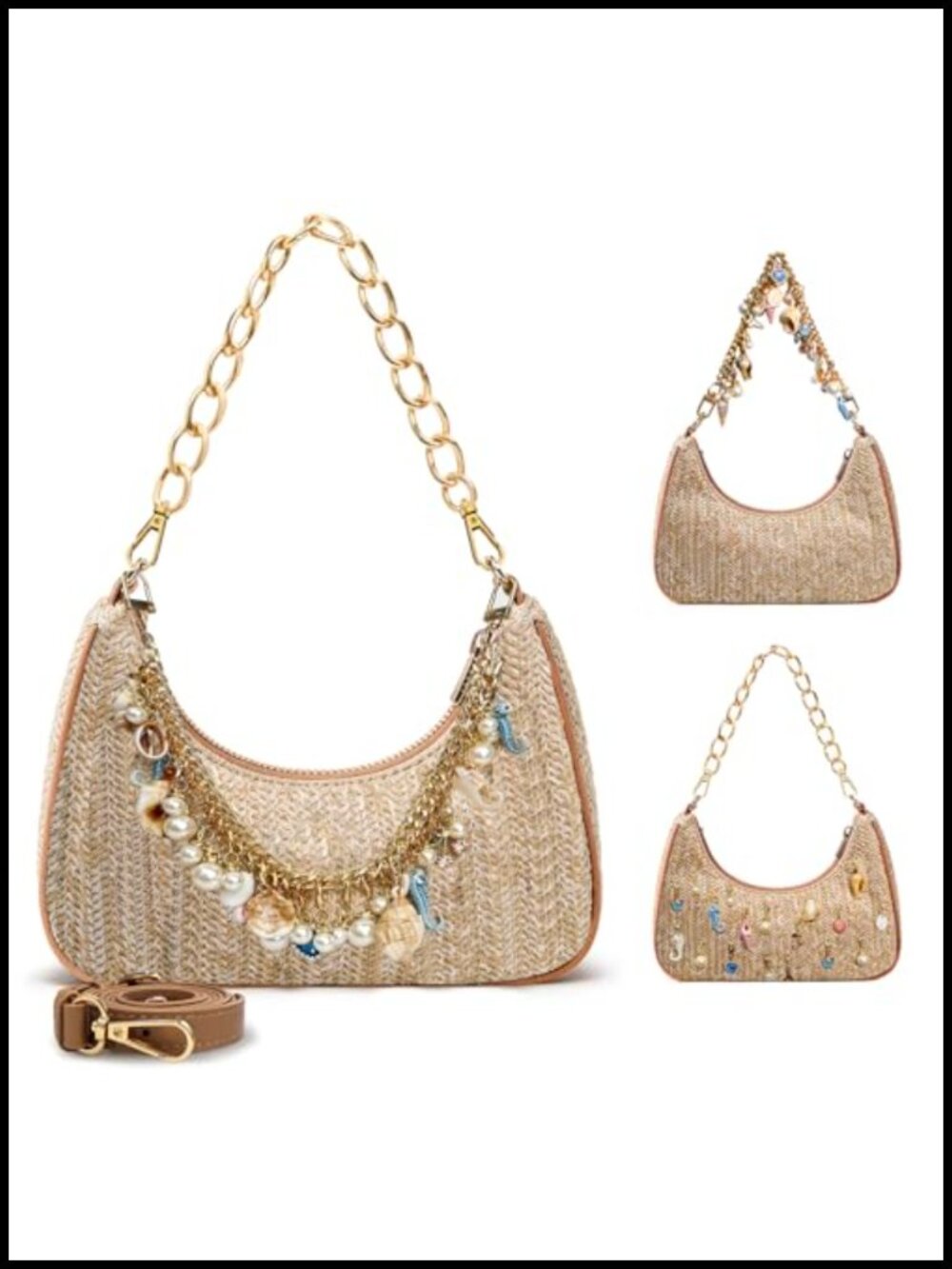 Straw Shoulder Bag for Women Summer Beaded Bag with Shell Pearl Charms
